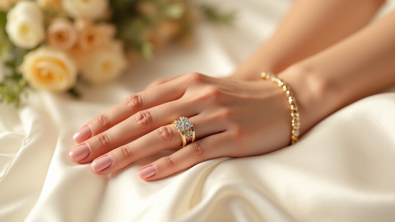 Close up of a bride's hands adorned with a minimalist gold ring and a delicate diamond bracelet