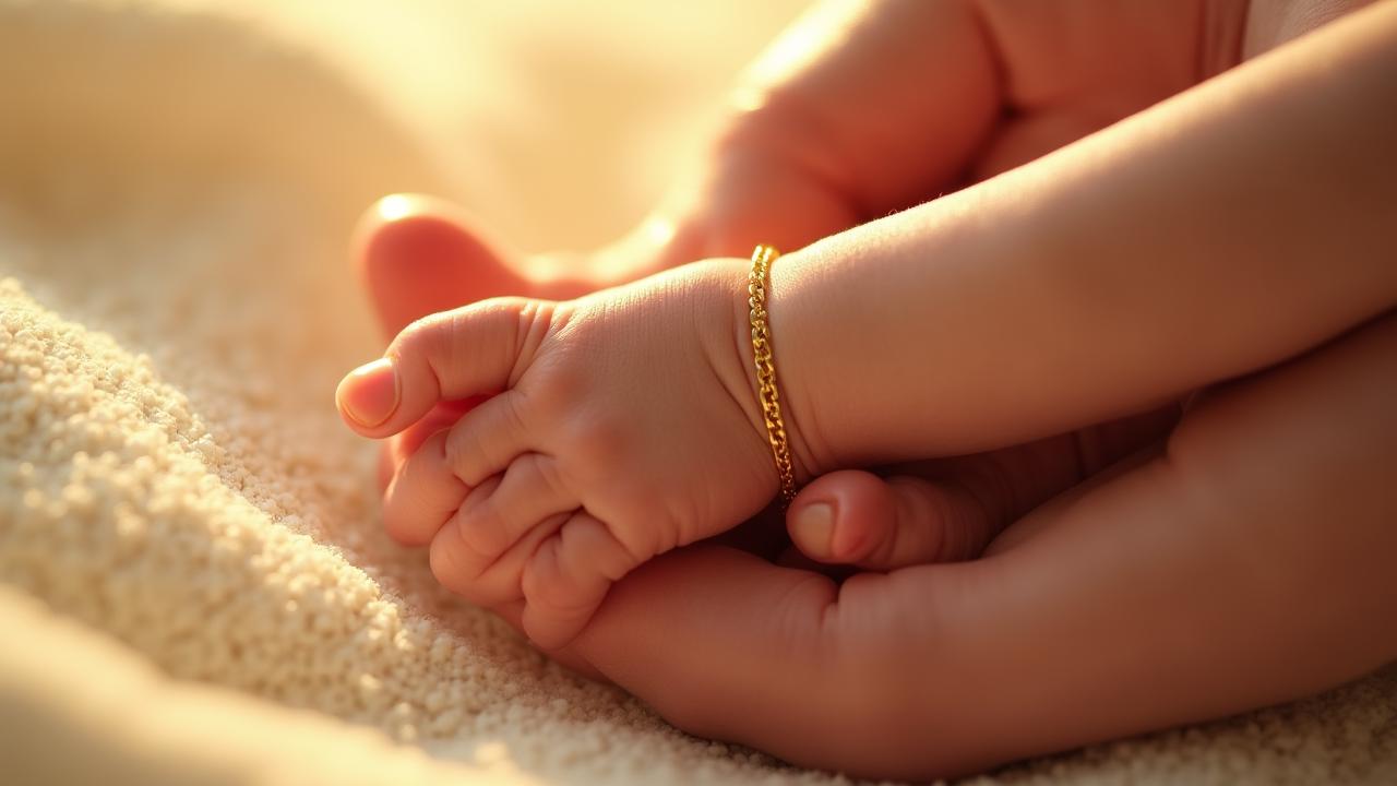 Close up of a grandparent's hand gently holding a newborn baby’s wrist wearing a small gold bracelet