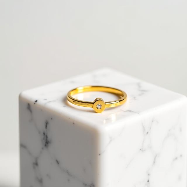 Close up photograph of a curated solid gold engravable baby bracelet on a minimalist display