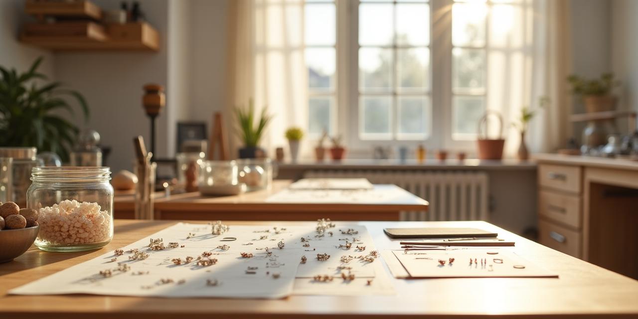 A brightly lit jewelry design studio with sketches and precious stones