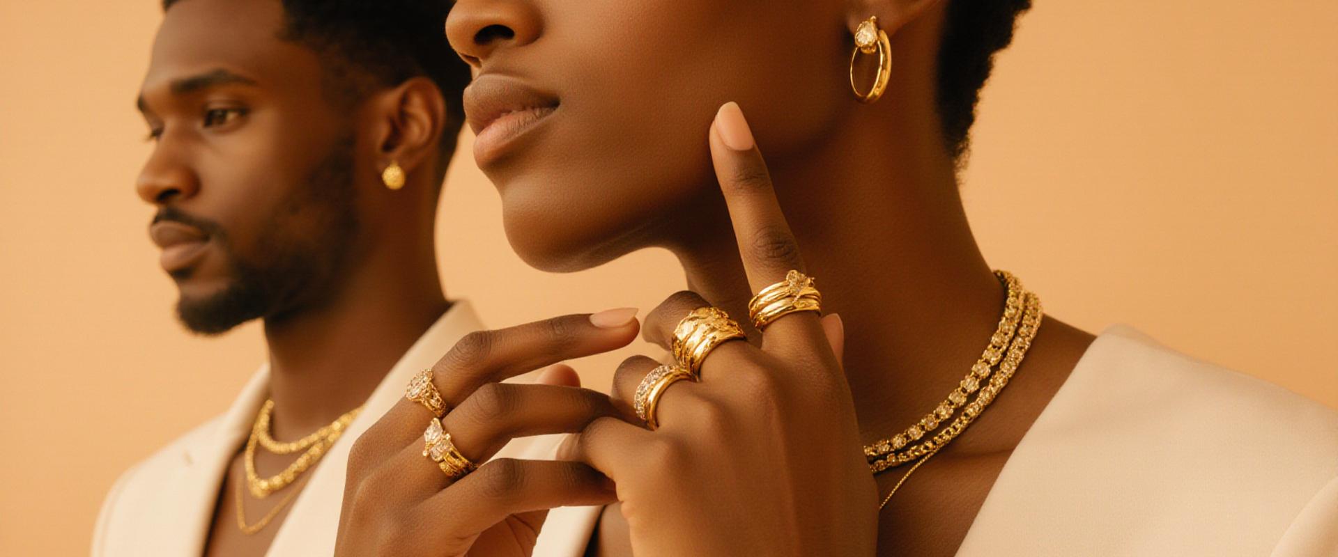 Diverse models showcasing layered gold necklaces and stackable rings