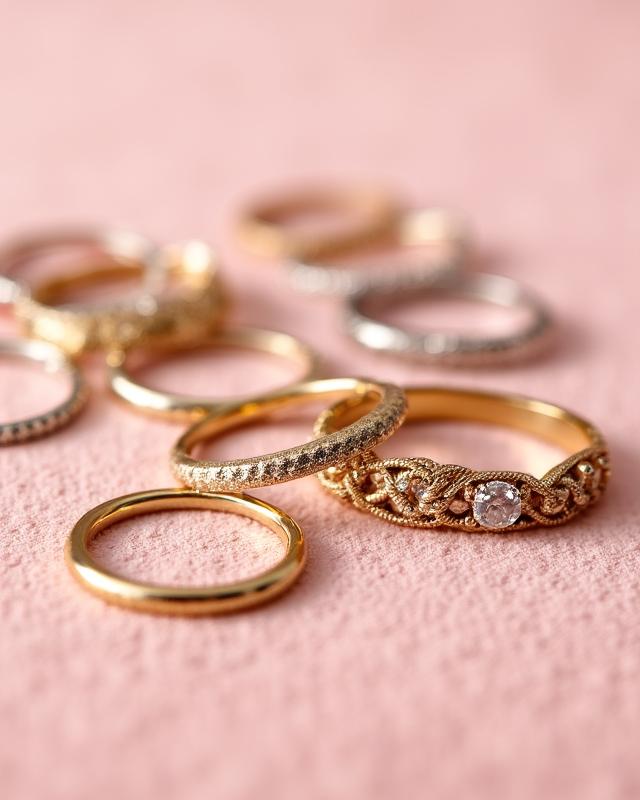 A collection of gold and silver stackable rings on hand