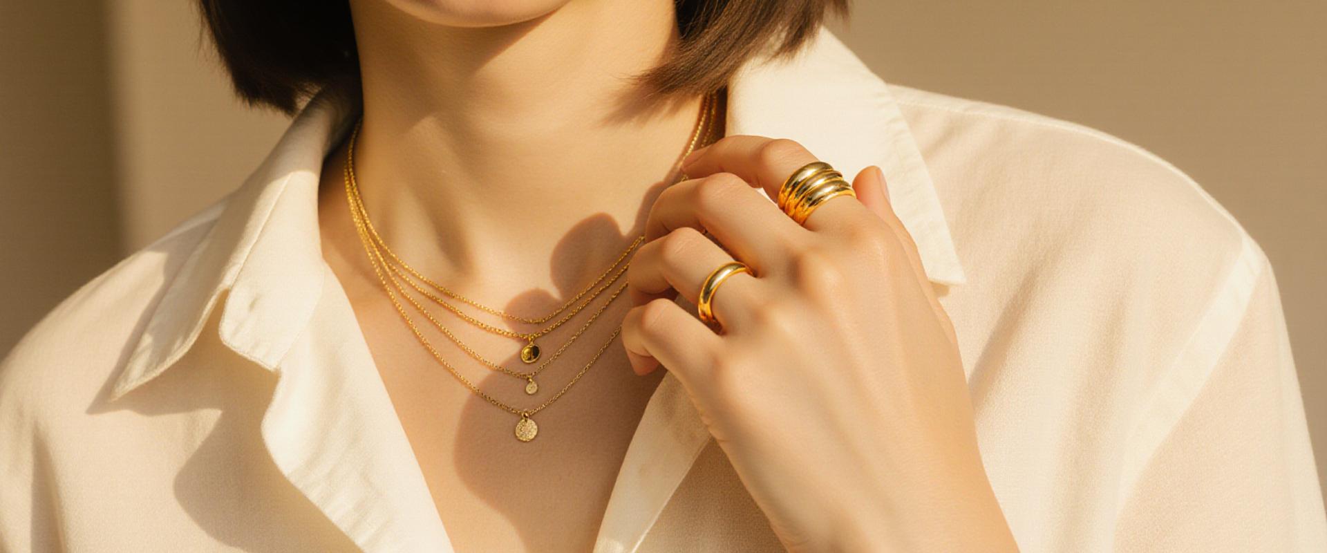 Close up of a style influencer wearing layers of gold necklaces and stacked minimalist rings