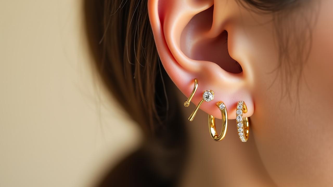 Artfully curated ear with multiple gold and titanium piercings in a minimalist studio setting