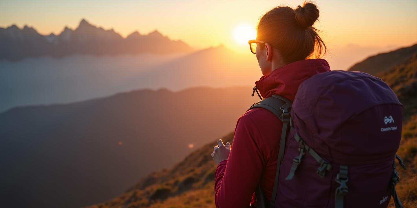 Close up of a smart jewelry ring on a woman's hand as she adjusts her hiking pack in a mountain setting