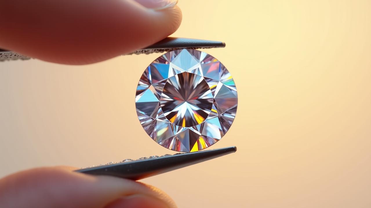 A macro shot of a brilliant-cut lab-grown diamond showing internal fire and clarity